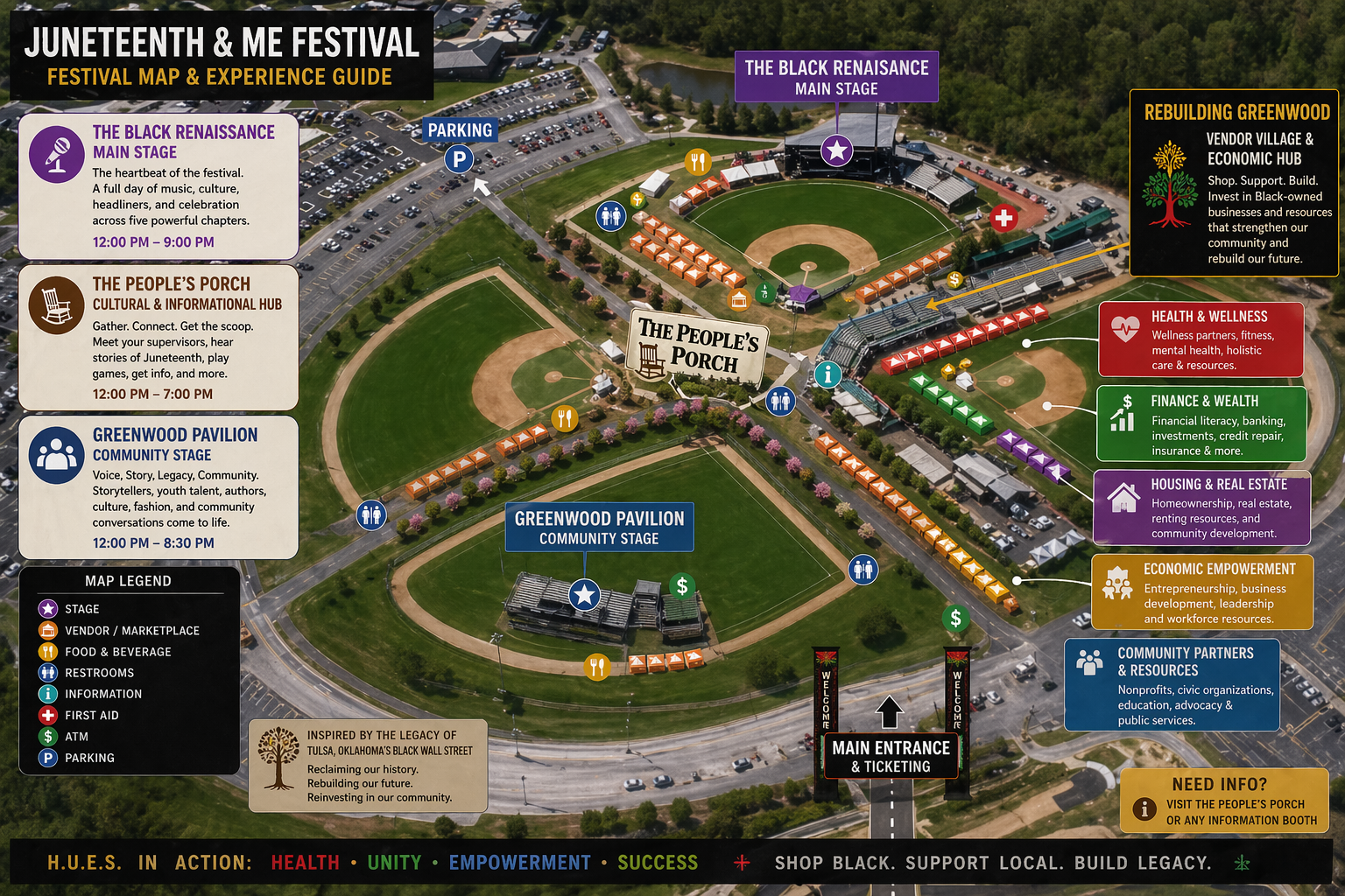 Juneteenth & Me Festival Map & Experience Guide showing stages, vendor village, and activation zones